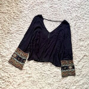 Boho Tribal Indie Embroidered Bell Sleeve Crop Top Womens S Earthy Lagenlook Joy